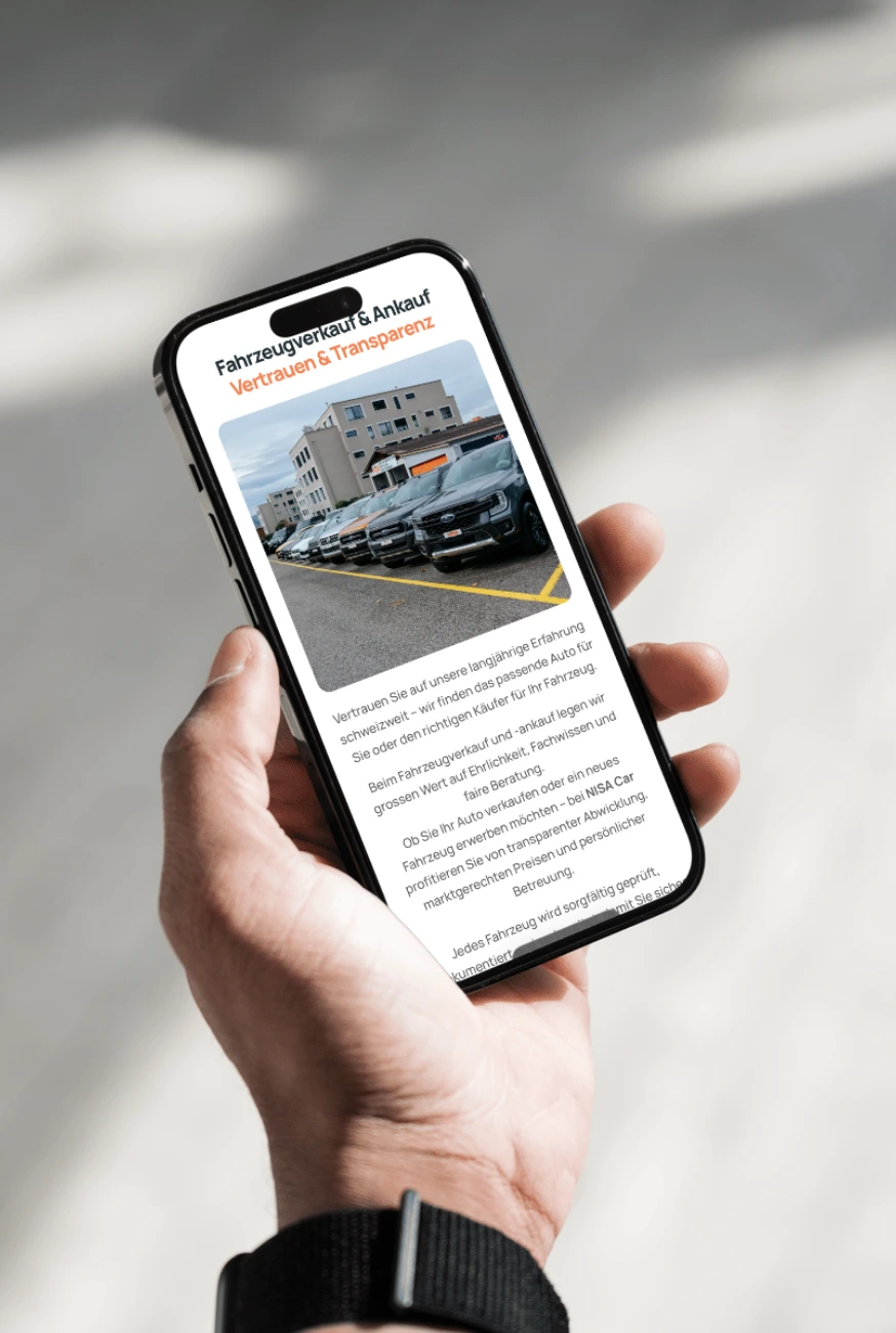 NISA Car – Mehrsprachige Automotive Website & SEO | Lumovo Mehrsprachige Automotive Website & SEO für NISA Car: Automotive Website Schweiz mit Online-Fahrzeugkatalog, WordPress und SEO-Setup.5