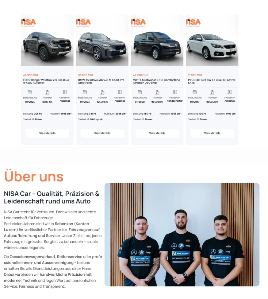 NISA Car – Mehrsprachige Automotive Website & SEO | Lumovo Mehrsprachige Automotive Website & SEO für NISA Car: Automotive Website Schweiz mit Online-Fahrzeugkatalog, WordPress und SEO-Setup. 1