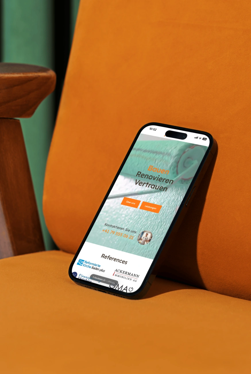 Mobile Ansicht der T-Bauteam Website – Webdesign für Malerarbeiten in Aargau